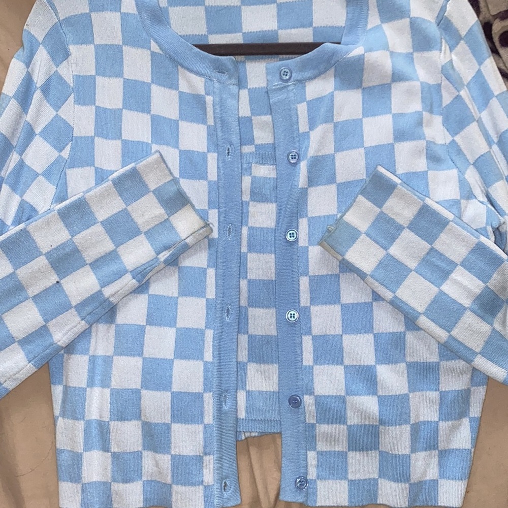 2 piece like new sweater combo knit cardigan tank top set crop top checker print